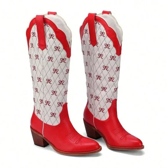 Red Chic Women's Knee High Cowboy Boots with Chunky Heel - Picture 5 of 5